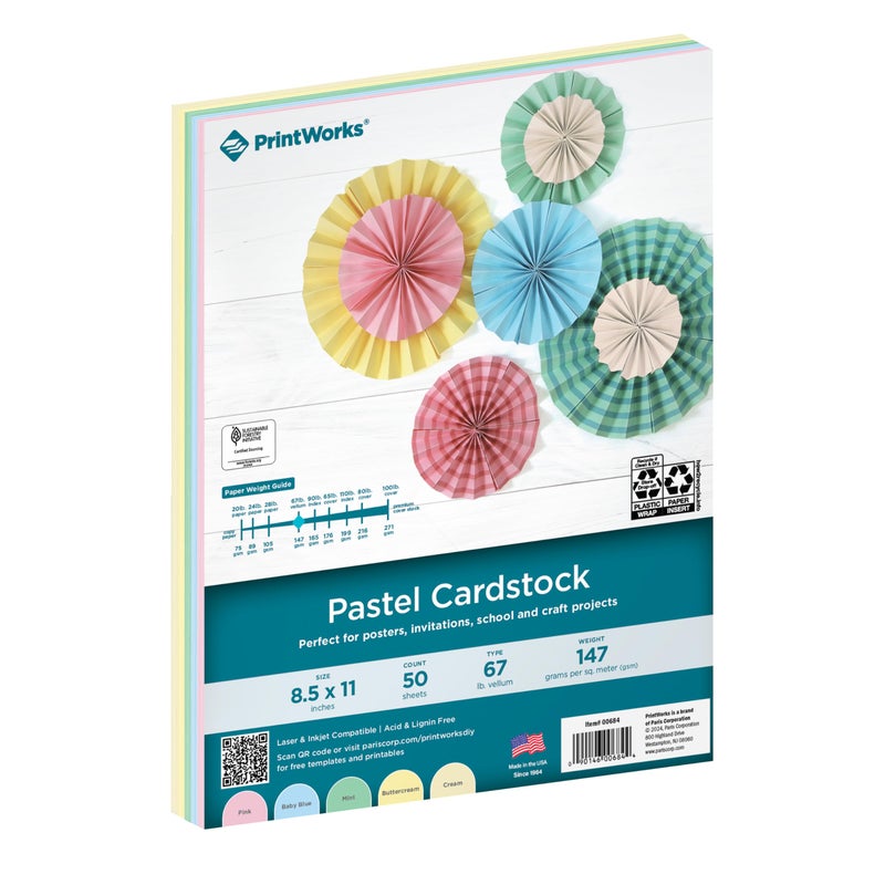 PrintWorks Pastel Cardstock 8.5" x 11" - 50 Sheets - 5 Assorted Pastel Colors - Ideal for School & Craft Projects - 67 lb/147 gsm - Made in the USA - SFIÂ® Certified (00684) - Image 1